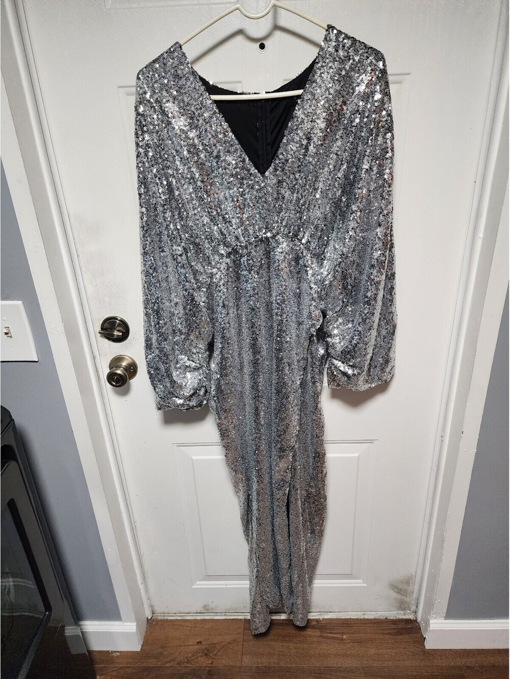 Eloquii Silver Sequin Long Sleeve V-Neck Dress